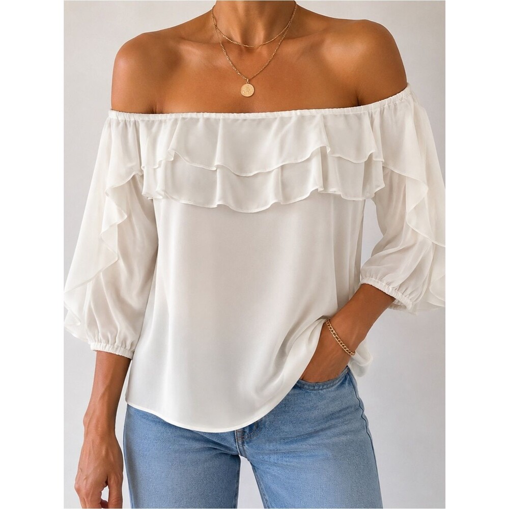 INC International Concepts Cream Off-Shoulder Ruffle Blouse